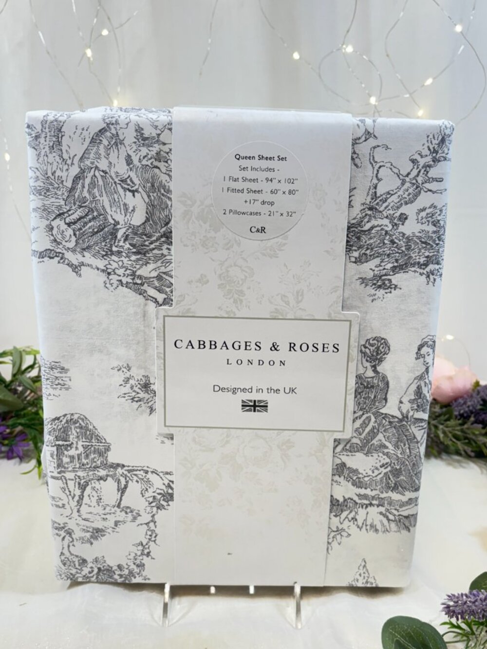 Cabbages & Roses London Gray Country Toile Queen Sheet 4PC Set Cotton Percale